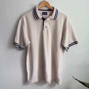 West Marine Nautical Gear Mens Large Polo 90s Shirt Cream Navy Blue Cotton